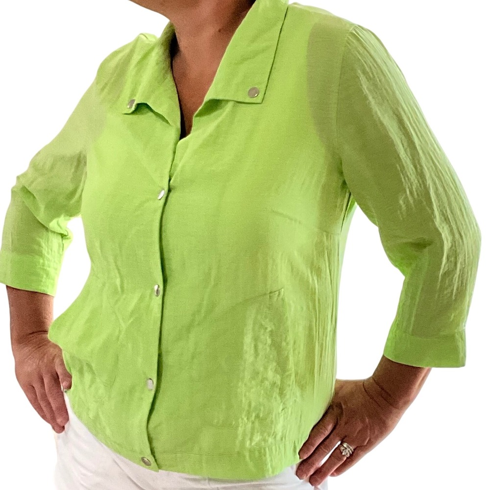 Chico's Women's Green Button Front 3/4 Sleeve Textured Linen Top Sz 2 Large 12 - Picture 2 of 7